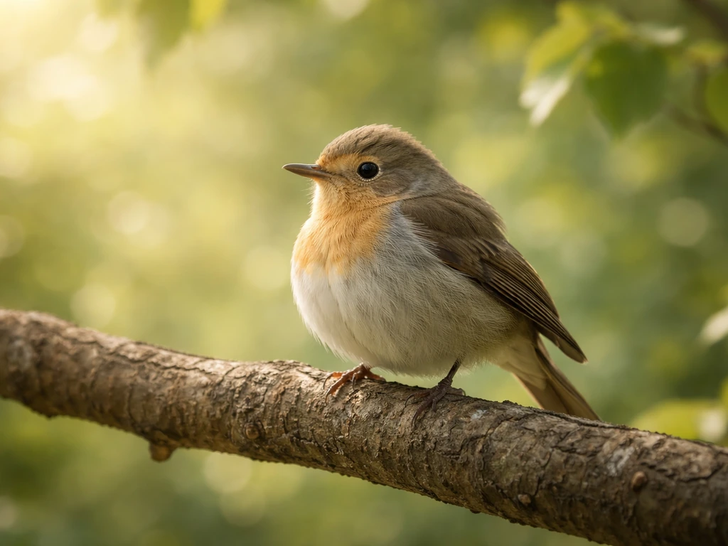 Calm small bird perched on a tree branch with soft green background light and hope-like mood.