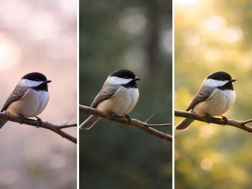 Three side-by-side photos of a small bird perched on branches showing calm, patience, and hope moods.