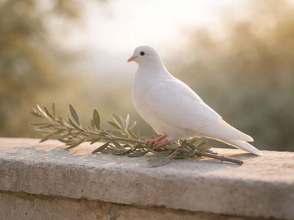 White dove perched on an olive branch on a sunlit stone ledge, softly blurred background.