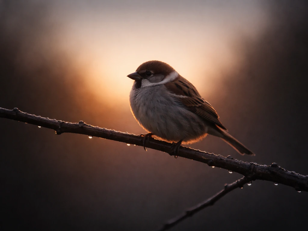 A small sparrow perched on a branch at dawn, with soft light and a dark, calm background.
