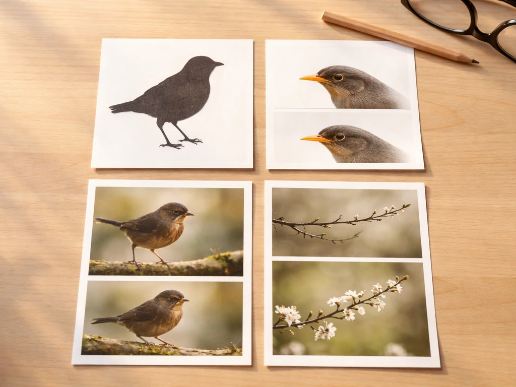 Four small photo-card style panels showing bird interpretation clues: silhouette, beak state, posture, and branch settin