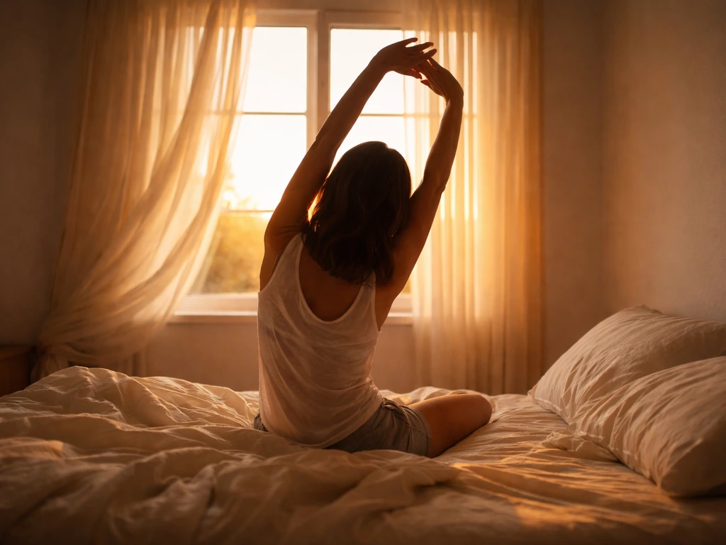 Woman waking at dawn by a window with sunrise light streaming into a quiet bedroom