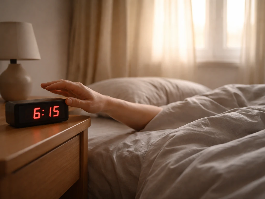 Morning bedroom with an alarm clock and hands reaching to snooze, implying waking up early.
