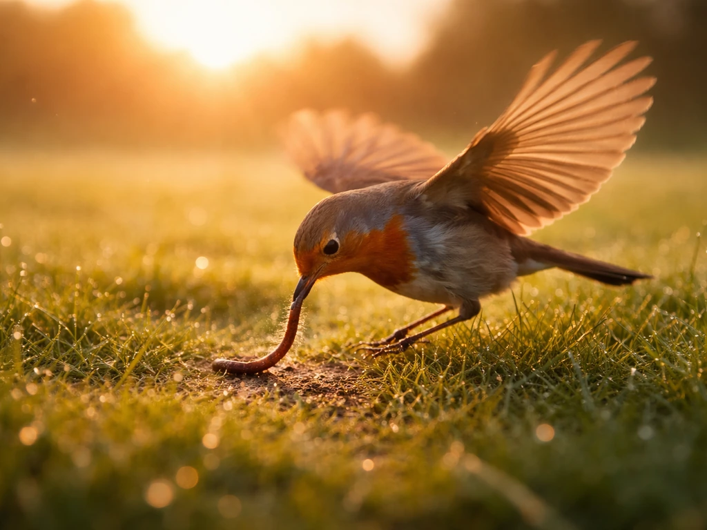 Small bird swooping at sunrise to catch a worm in a grassy field
