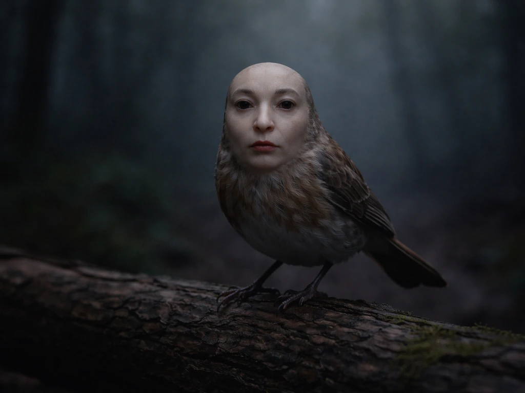 Surreal bird-human hybrid creature with a human face perched in a dim forest, symbolically eerie.