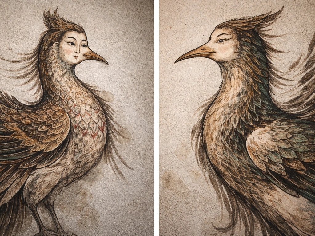 Split-style photo showing two different mythical hybrid birds: one Inmyeonjo-like, one human-faced bird mural detail.