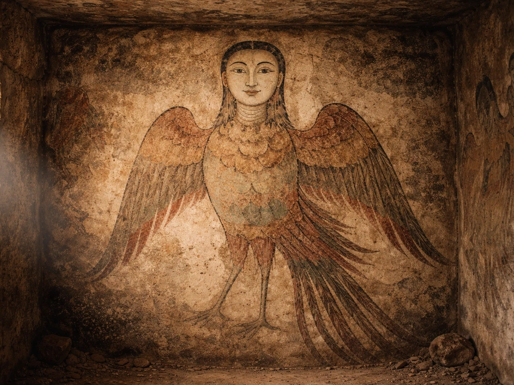 Close-up of an ancient-style mural showing a bird with a human-like face in a dim tomb interior