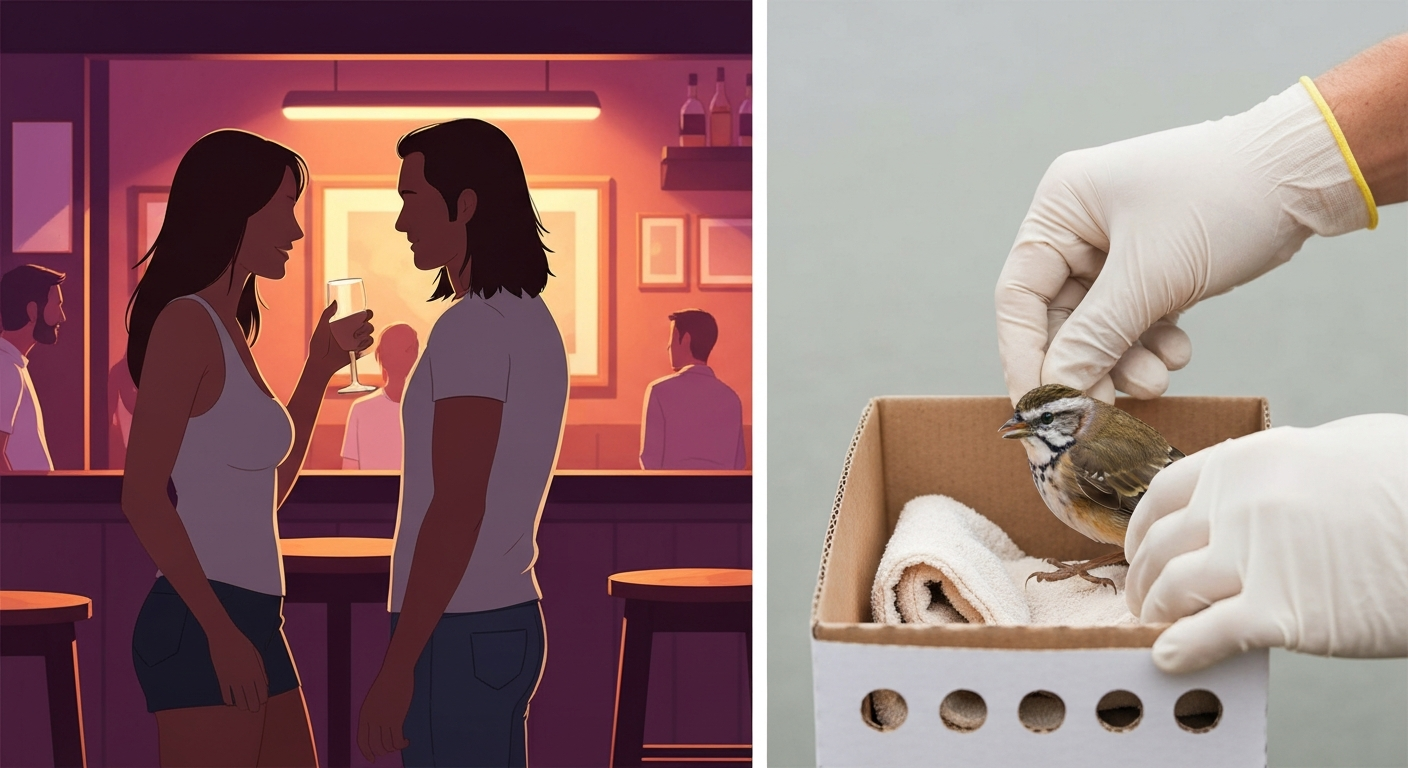 Split editorial illustration: left, two adult silhouettes lightly flirting in a pub; right, gloved hands gently placing a small bird into a ventilated box for rescue.
