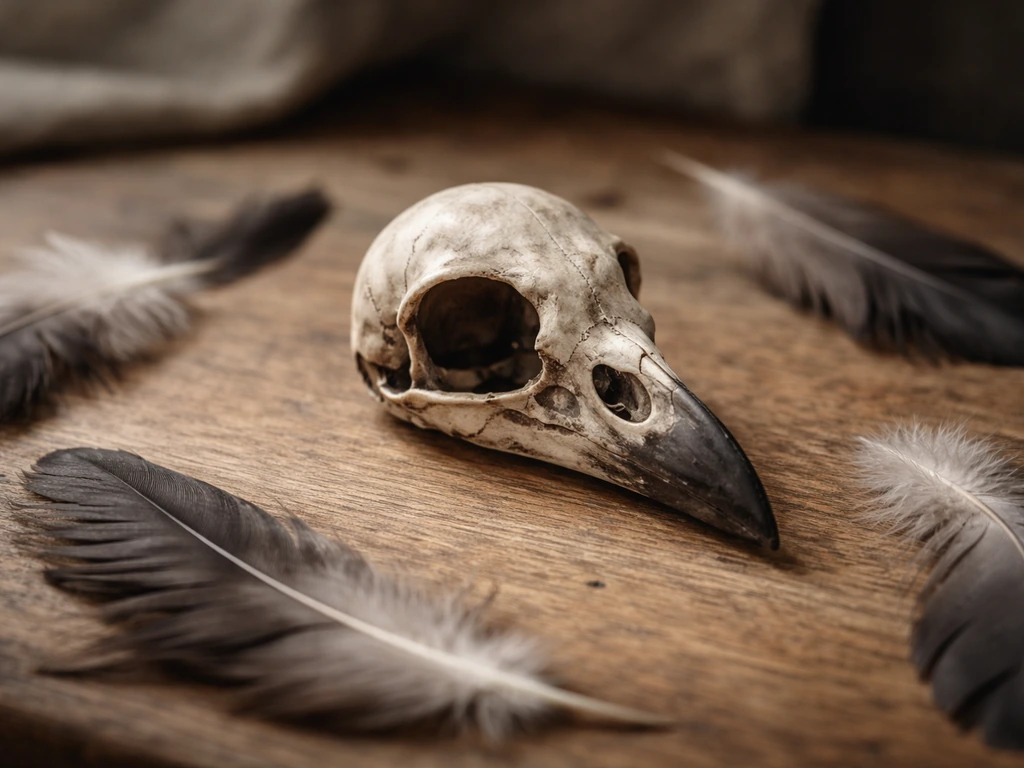 Realistic bird skull on a wooden surface with scattered feathers, minimal natural-light composition.