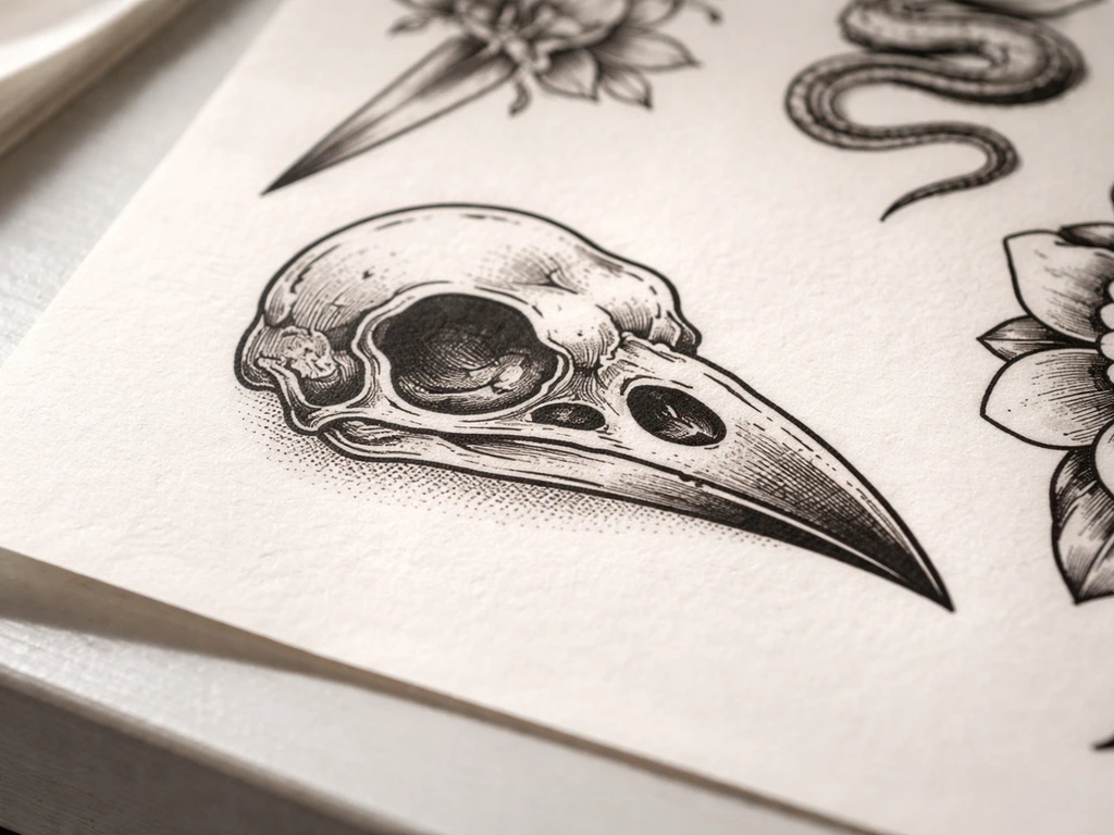 Close-up of a bird-skull tattoo stencil on a flash sheet with crisp black ink lines.