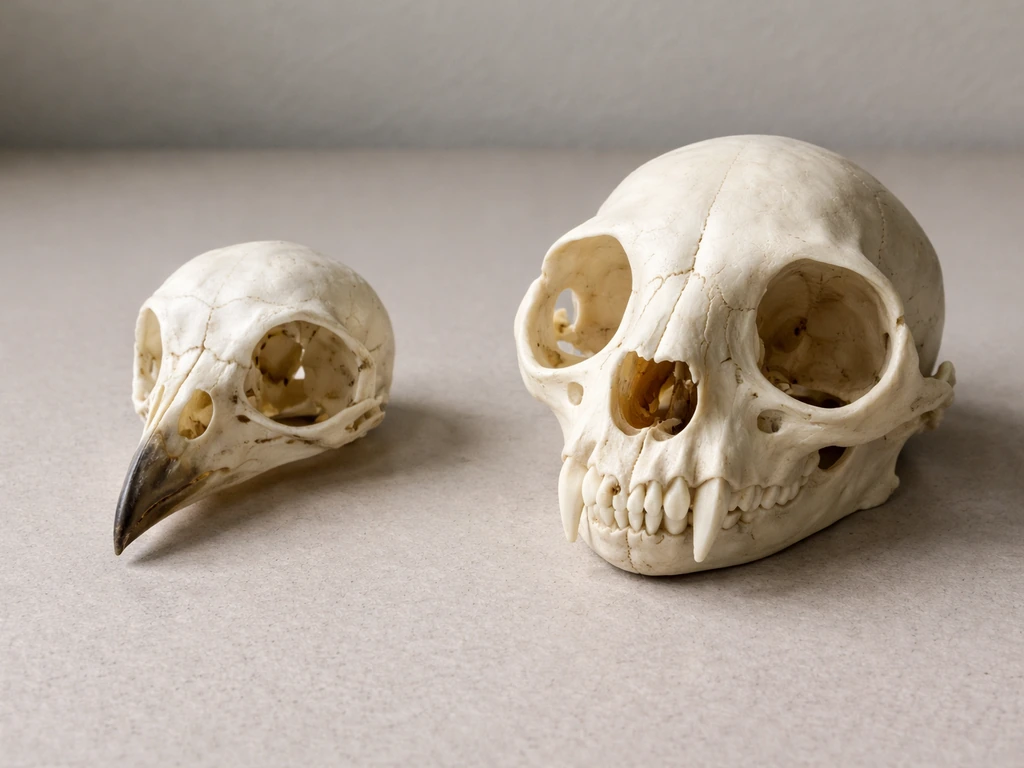 Close-up photo-style comparison of a bird skull and a generic non-bird skull side by side on a neutral background.