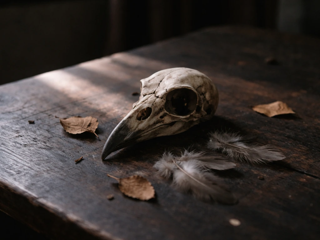 Moody close view of a weathered bird skull on a dark wooden table with dried leaves and feathers.