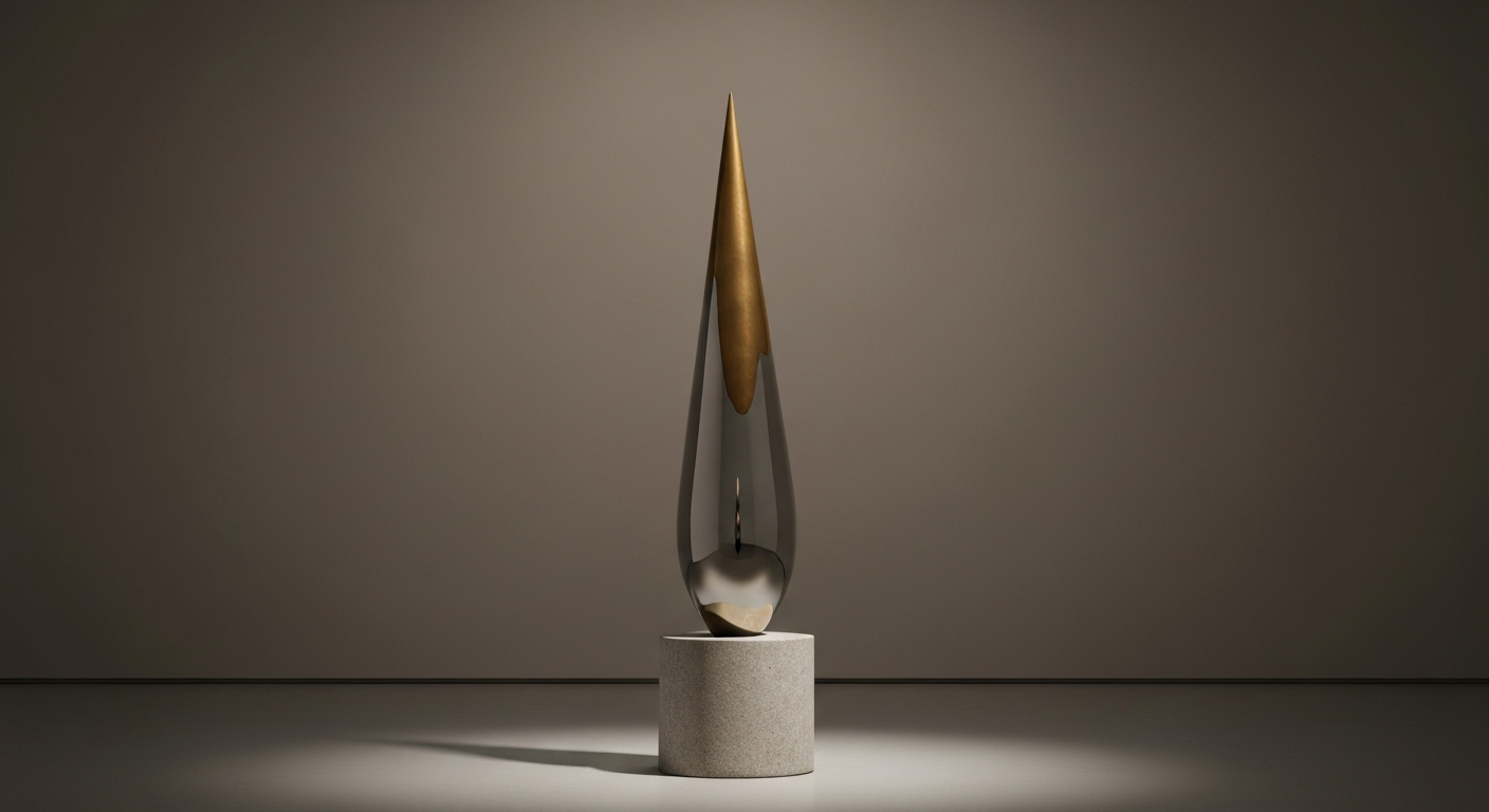 Photorealistic rendering of Brancusi's Bird in Space: polished bronze, tapered upward form on a simple plinth, reflective surface and soft gallery lighting.