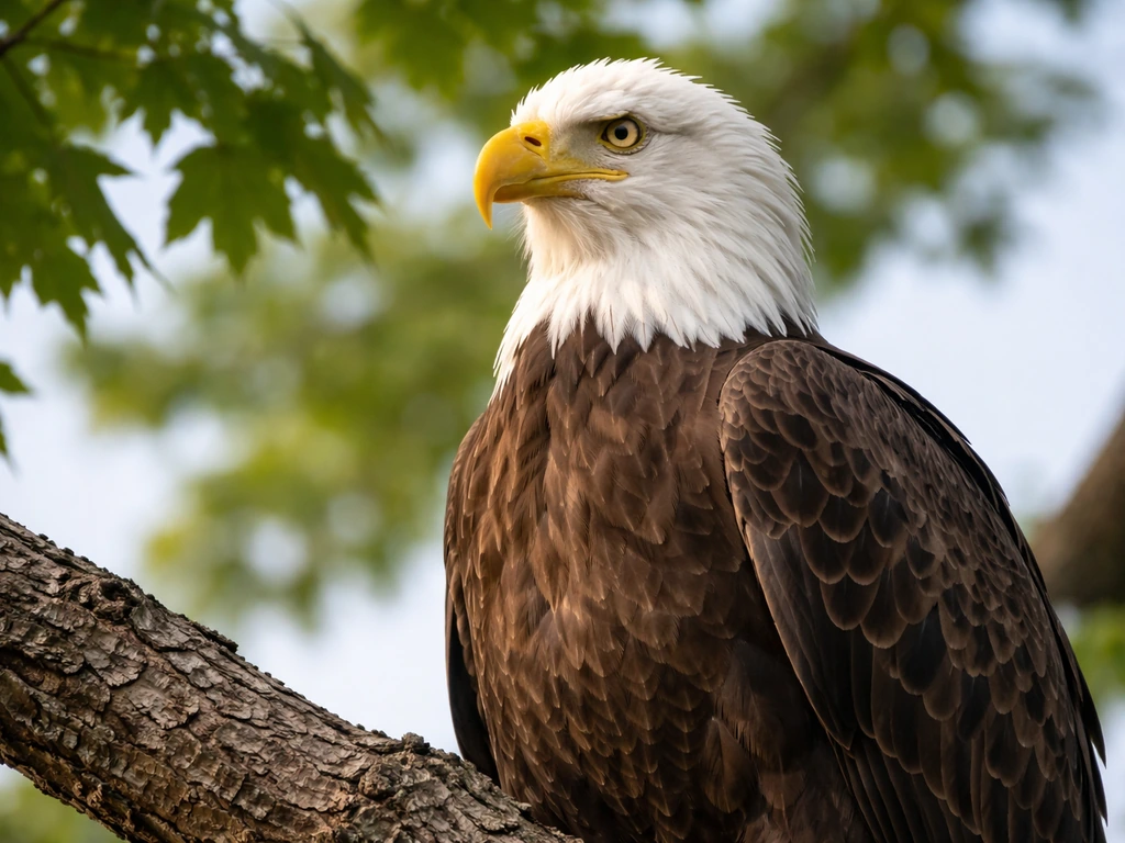 A bald eagle perched on a tree branch with its white head clearly visible against a soft sky.