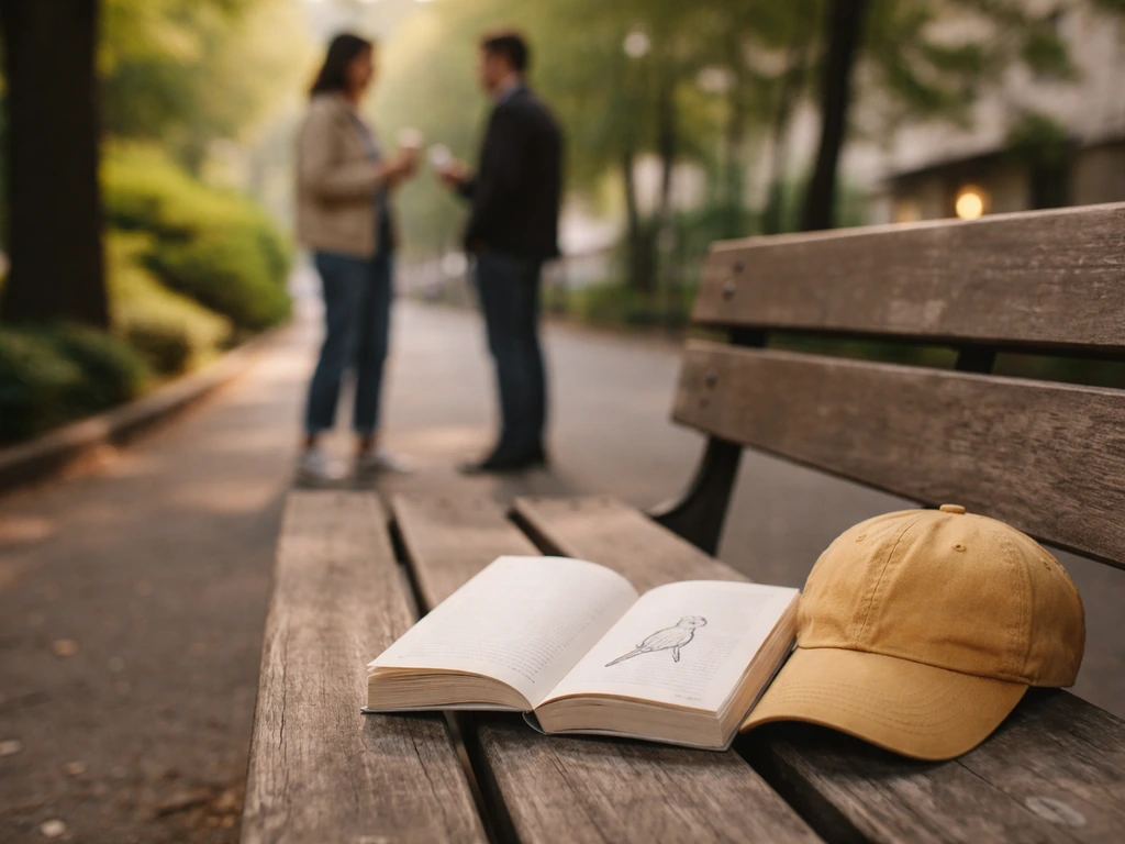 Bench with a bird-themed book and a shaved-look cap in a quiet street setting.