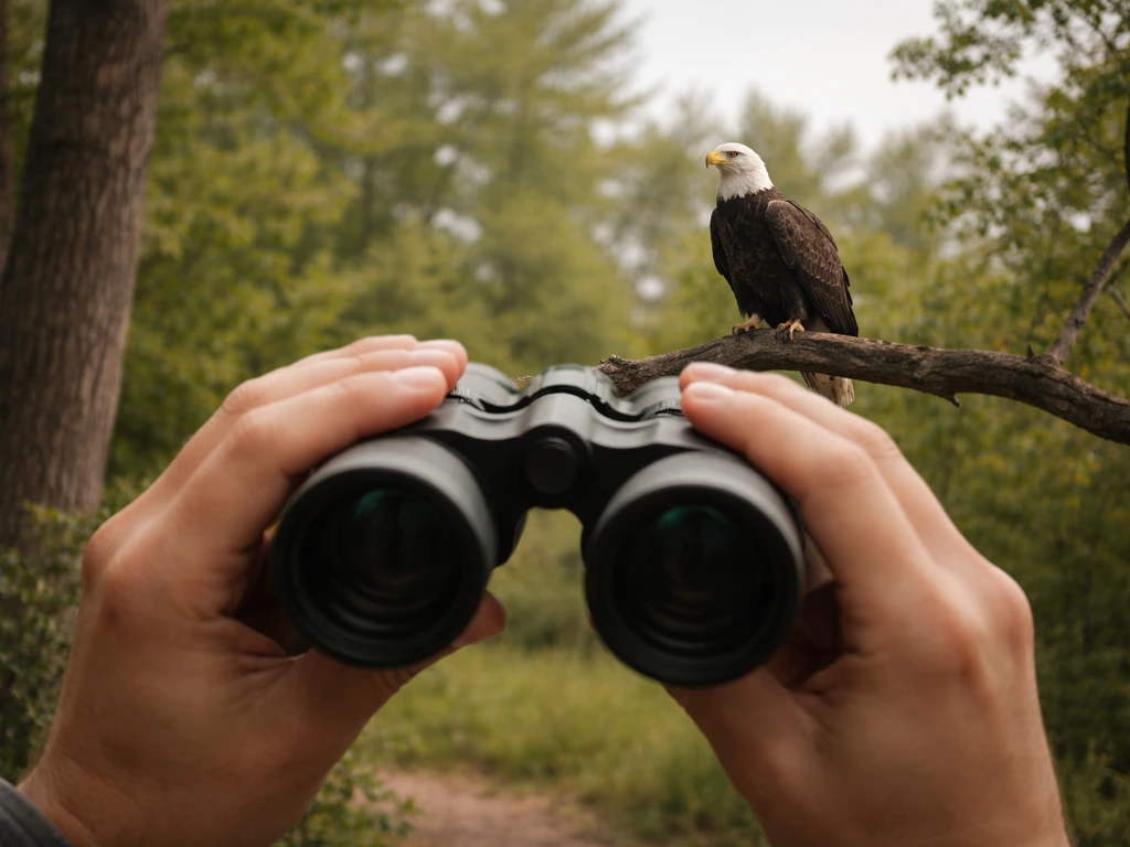 Binoculars aimed at a bald eagle perched in the wild, spotlighting eagle identification and American symbolism.