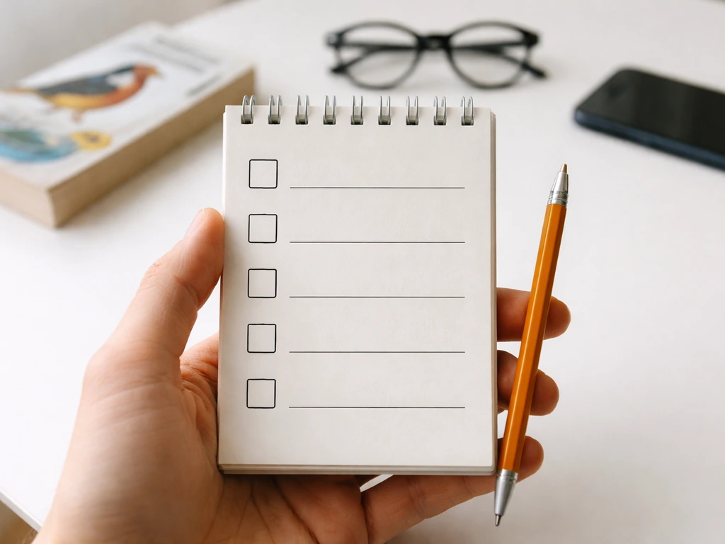 Anonymous hand with a blank notepad checklist and pencil on a simple desk near a bird guide.