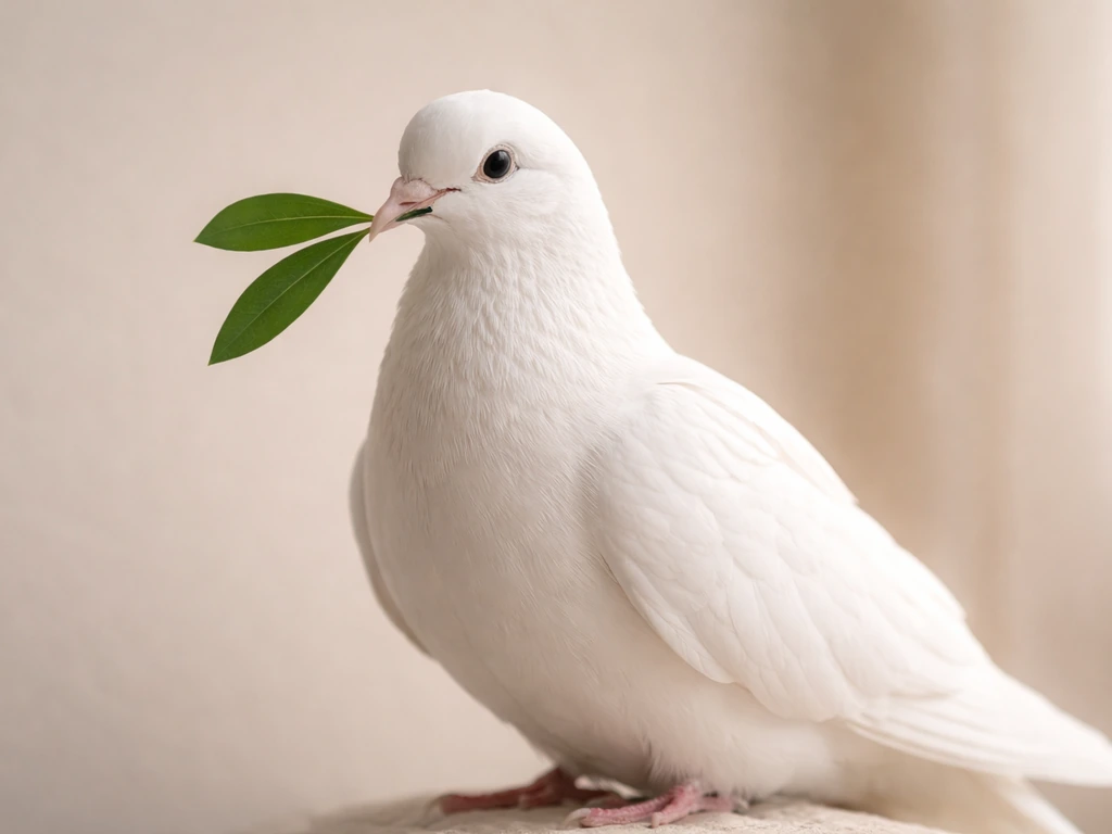 White dove holding a fresh olive leaf in its beak against a clean neutral background