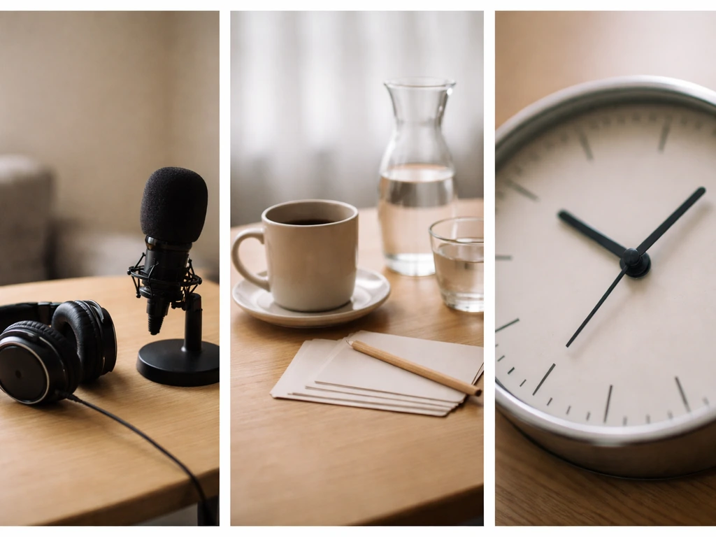 Minimal three-panel-style photo scene with abstract objects suggesting music, anti-café, and clock dial meanings