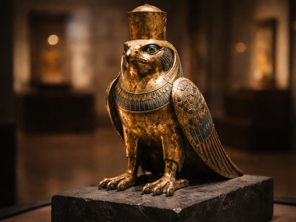 Close-up of an ancient Egyptian falcon ornament in a museum gallery, showing weathered gold and blue details.