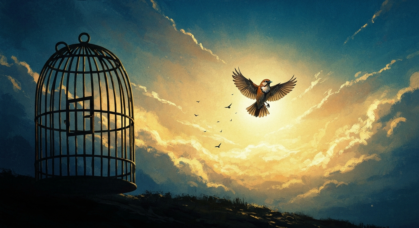 A solitary bird flying out of a dark cage toward a golden sky, symbolizing freedom leaving captivity.