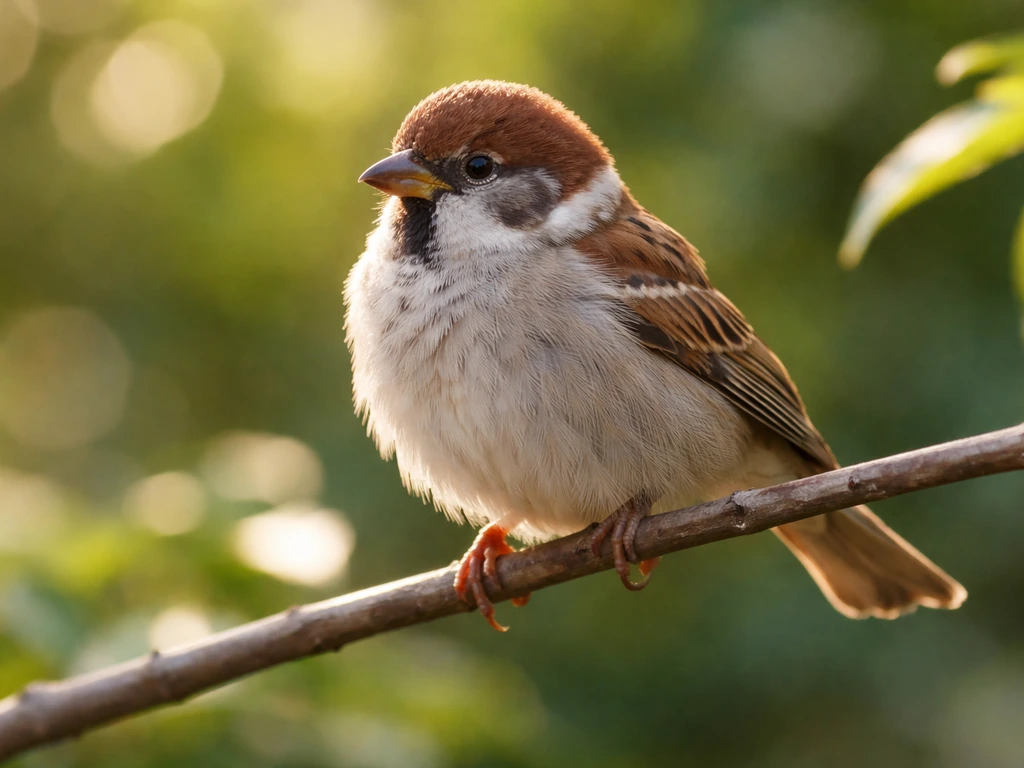 A small songbird perched in bright natural light, looking cheerful and carefree.