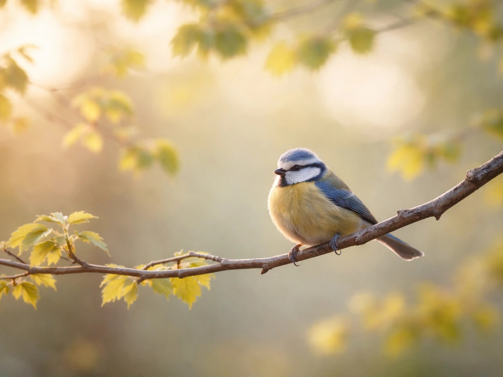 A small bird perched on a branch in warm morning light, calm and carefree mood.