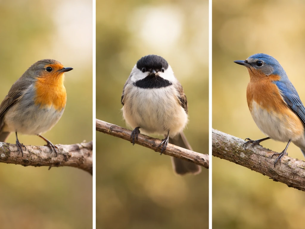 Three small birds perched on branches in soft daylight, representing different “as a + bird” idiom variants.