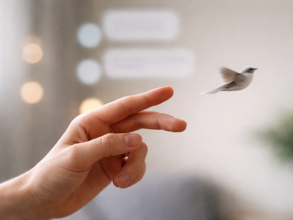 Close-up of a hand flicking a small bird-shaped paper prop across a blurred chat-like background.