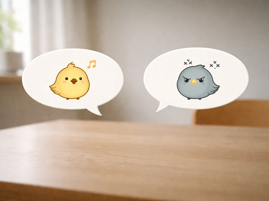Two empty thought bubbles over a table showing different tones for “throw a bird” with bird icons only.