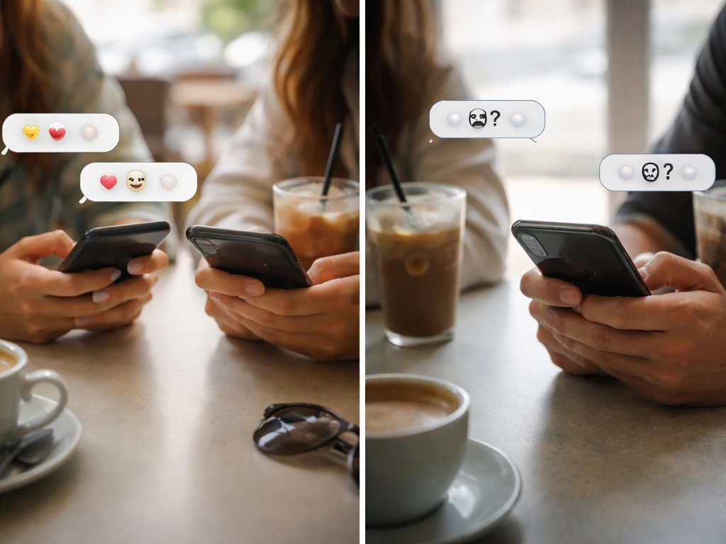 Split-screen of two anonymous friends texting: playful on the left, curt conflict on the right.
