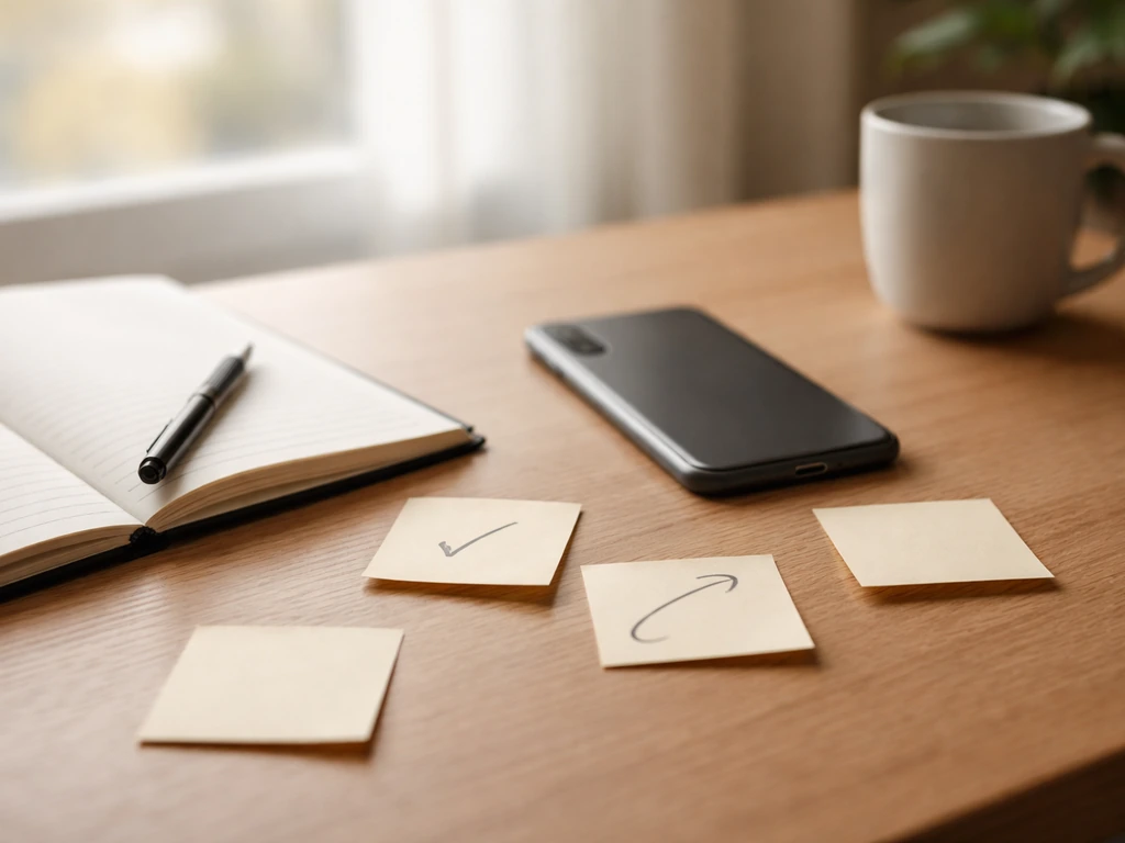 Minimal desk scene with phone and blank notes implying reviewing messages to interpret slang.