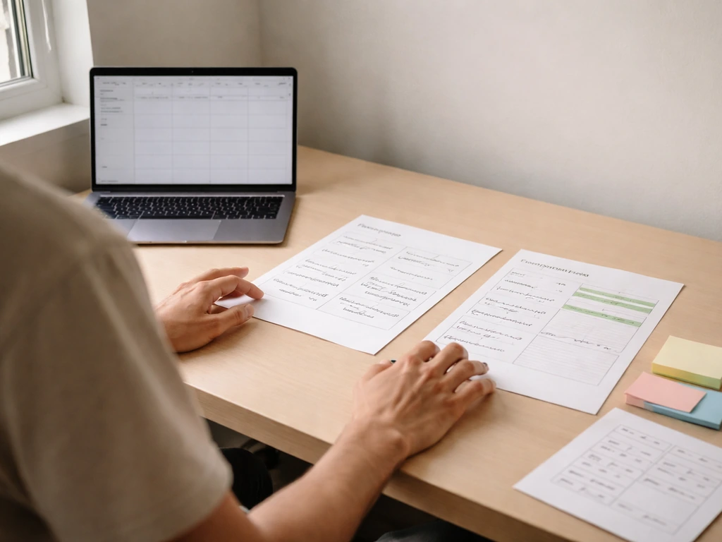 Anonymous product manager reviewing two roadmap options with sticky notes and wireframe sketches on a desk.
