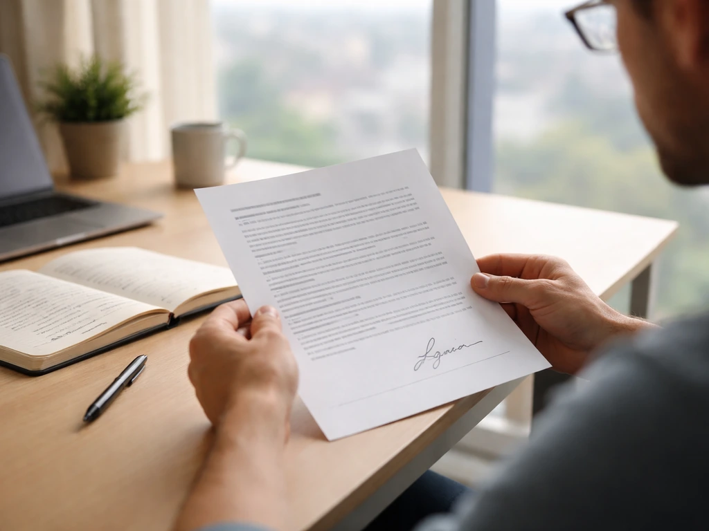 Founder at a desk holding a signed term sheet with negotiation notes nearby in soft natural light.