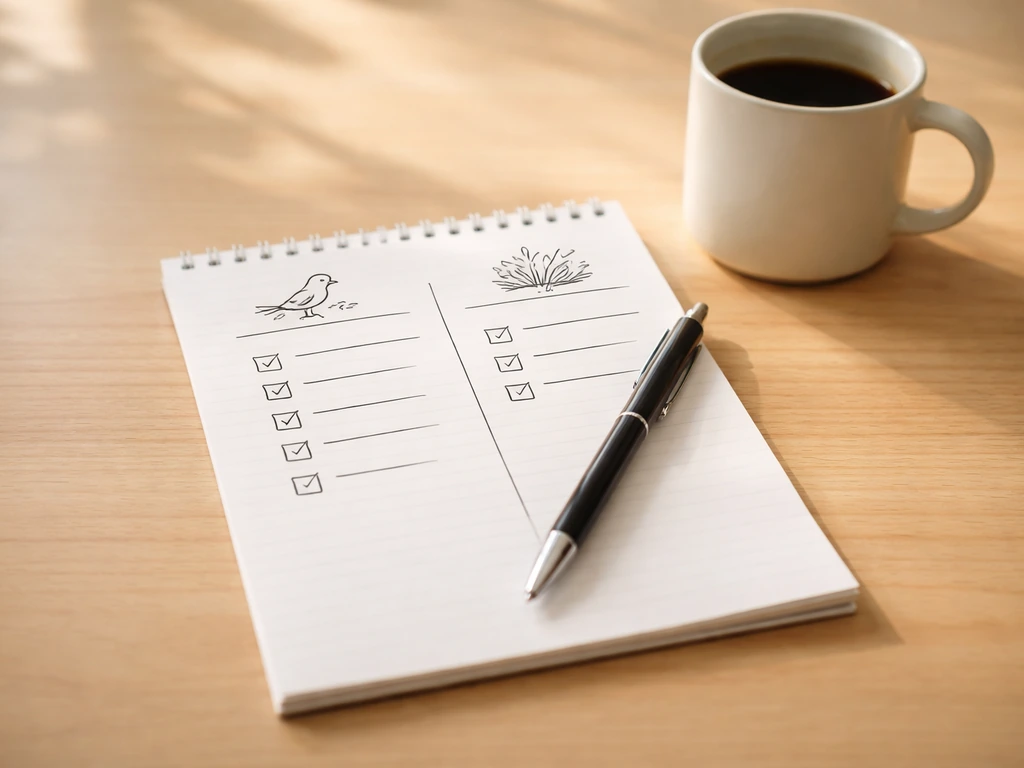 Minimal desk photo of a checklist notepad and pen split into two columns, representing Bird-in-Hand vs Bird-in-Bush.