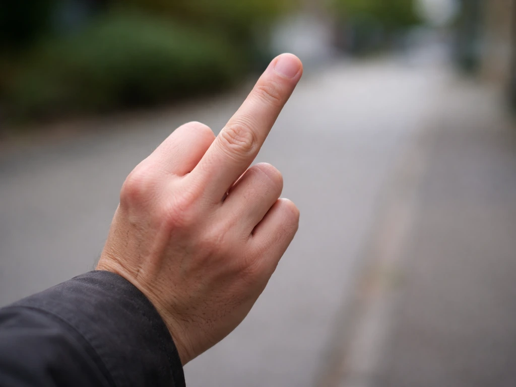 Close-up of a hand making the middle-finger gesture in a quiet outdoor setting, no faces visible.