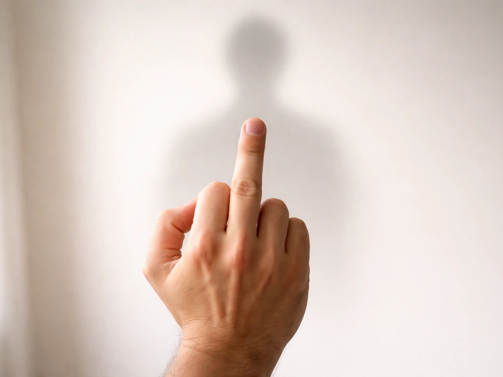 A hand making a middle-finger gesture aimed toward a blurred shadow silhouette in the background.