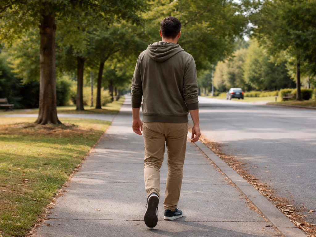 A person lowers their hands and walks away calmly to de-escalate after a hostile moment.