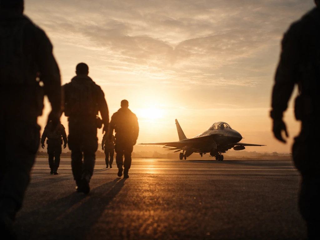 Golden-hour military aircraft on a runway as troops arrive in silhouette with a subtle bird-in-sky motif.