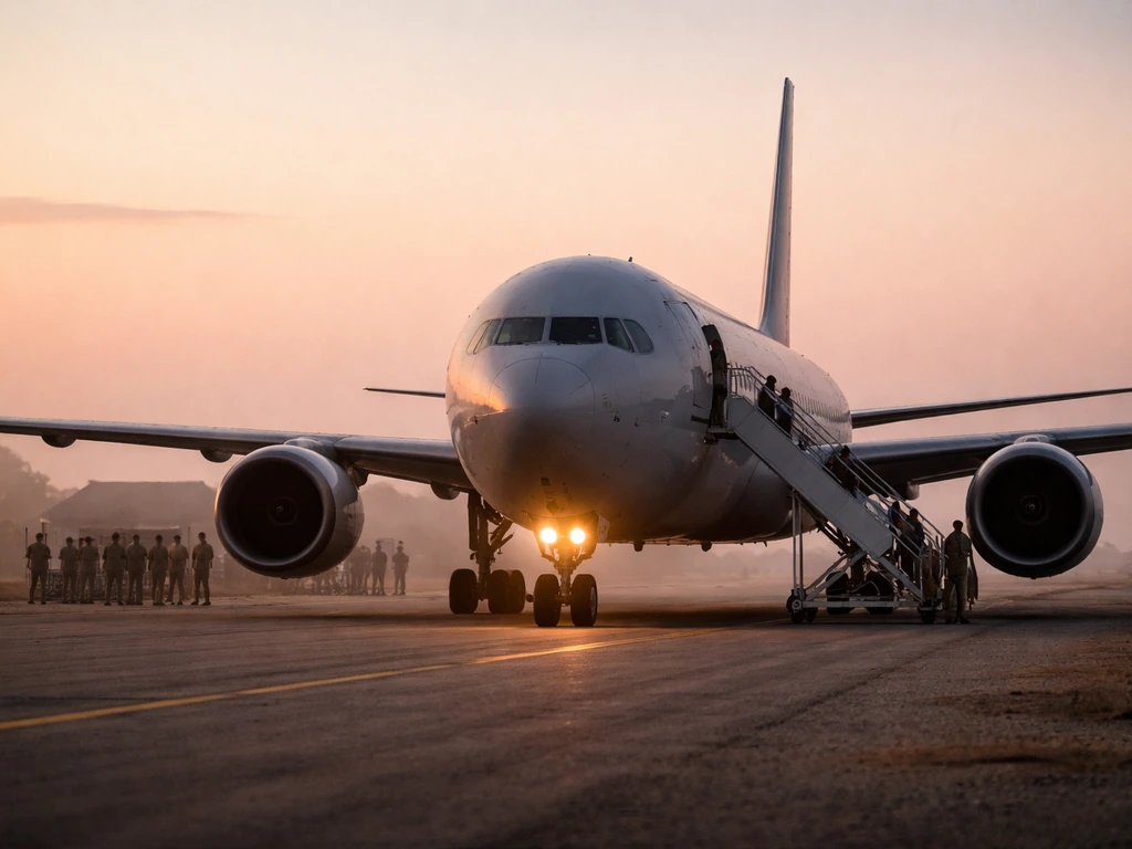 Warm dawn photo of a large transport jet taxiing out from an airbase, symbolizing soldiers heading home.