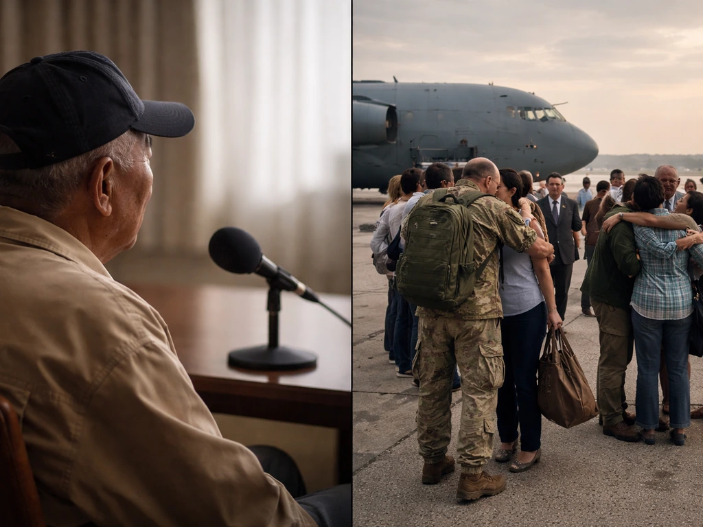 Split image: veteran oral-history moment indoors and anonymous homecoming arrival at an airfield outdoors.