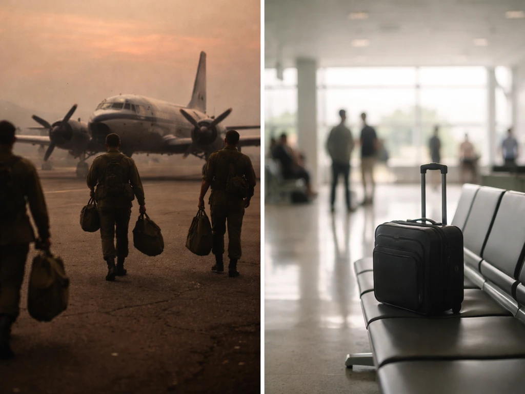 Side-by-side airport scenes: Vietnam-era homecoming airliner left, modern waiting area with suitcase right.