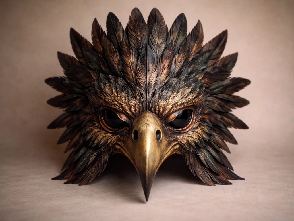 Close-up of a beak-forward bird mask with layered feathers against a neutral background.