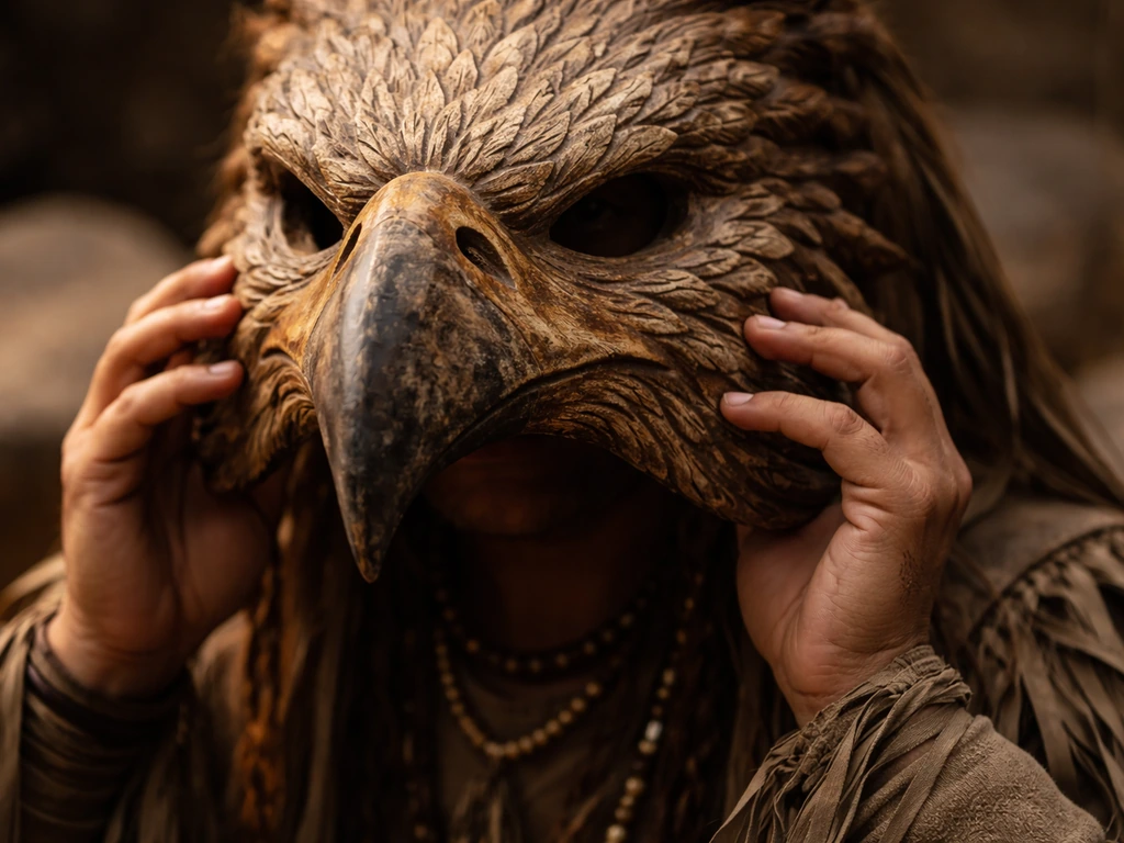 Close-up of a bird mask being worn/held, showing how it changes identity in a quiet ritual setting.