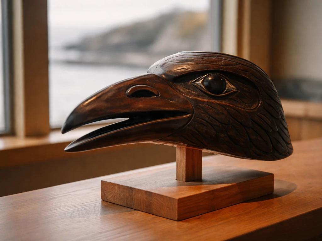 Intricately carved raven mask on a cedar display stand in a quiet coastal setting.
