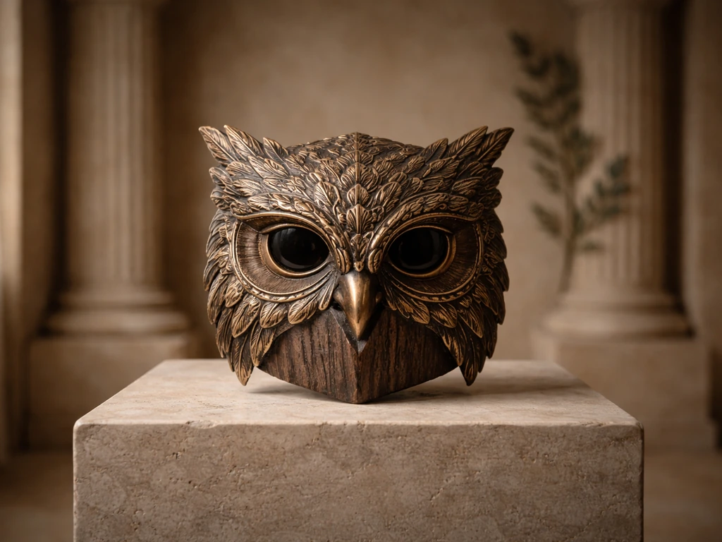 Ornate owl mask on a stone pedestal with blurred Greek columns and olive branch in natural light.