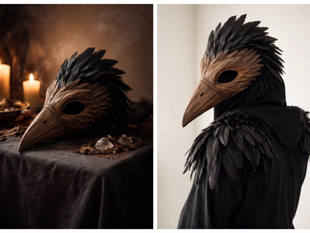 Two-panel photo showing a wooden beaked bird mask with feathers in a ritual setting and in everyday cosplay.