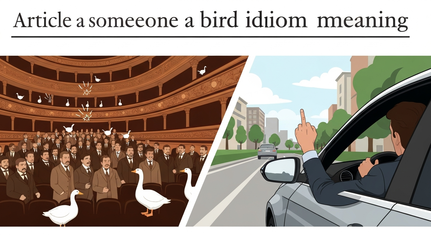 Split editorial illustration: left, a sepia Victorian theatre audience booing with goose imagery; right, a modern driver flipping the middle finger.