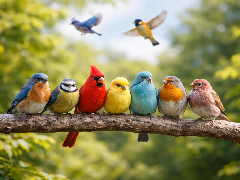 Colorful birds perched on a branch with others flying above in bright daylight outdoors