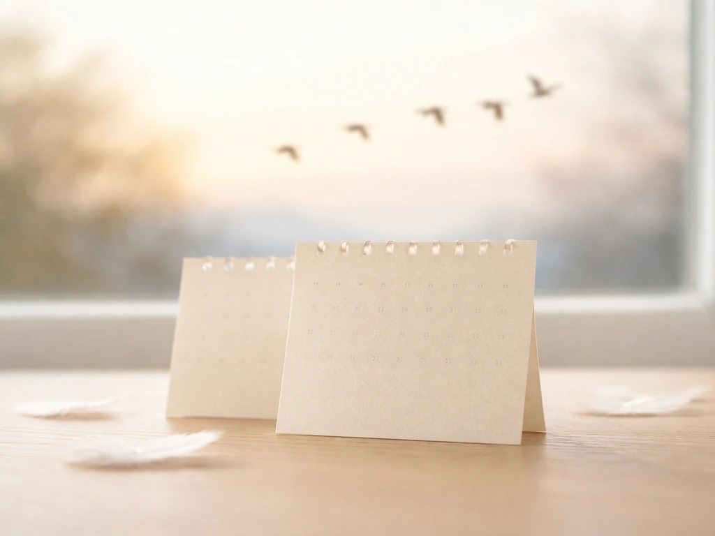 Two overlapping blank calendar pages beside a window with migratory birds flying in a V formation.